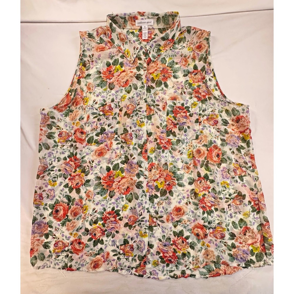 Ambiance Apparel Women's Multicolor Floral Collared Sleeveless Button Blouse, 3X